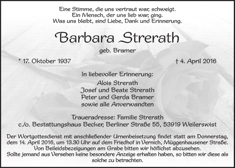 Traueranzeige für Barbara Strerath vom 09.04.2016 aus  Blickpunkt Euskirchen 