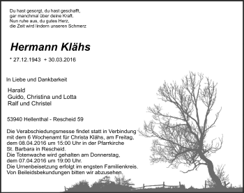 Anzeige von Hermann Klähs von Kölner Stadt-Anzeiger / Kölnische Rundschau / Express