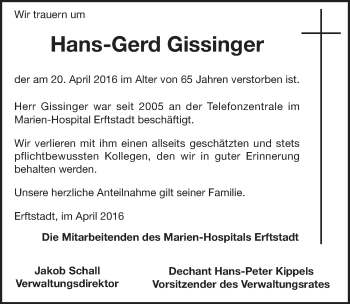 Anzeige von Hans-Gerd Gissinger von  Blickpunkt Euskirchen 