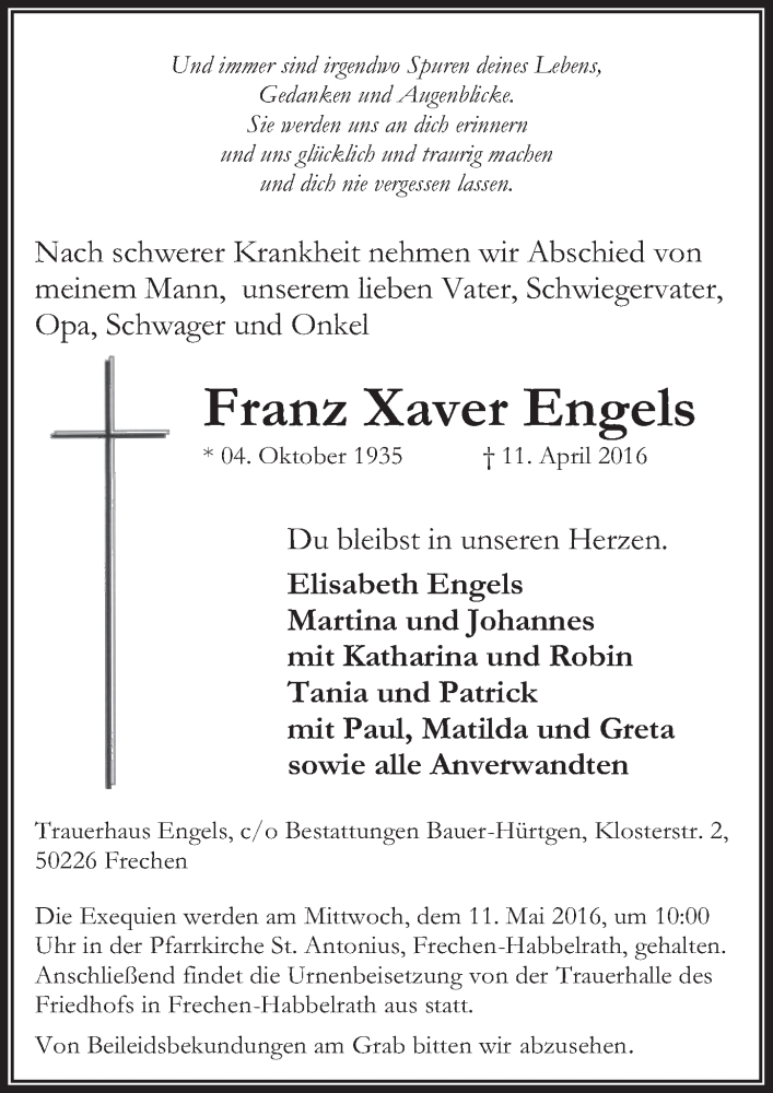  Traueranzeige für Franz Xaver Engels vom 30.04.2016 aus  Sonntags-Post 