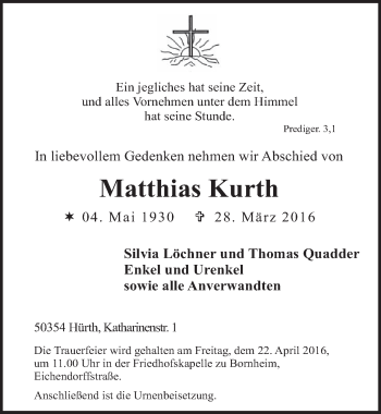 Anzeige von Matthias Kurth von  Sonntags-Post 