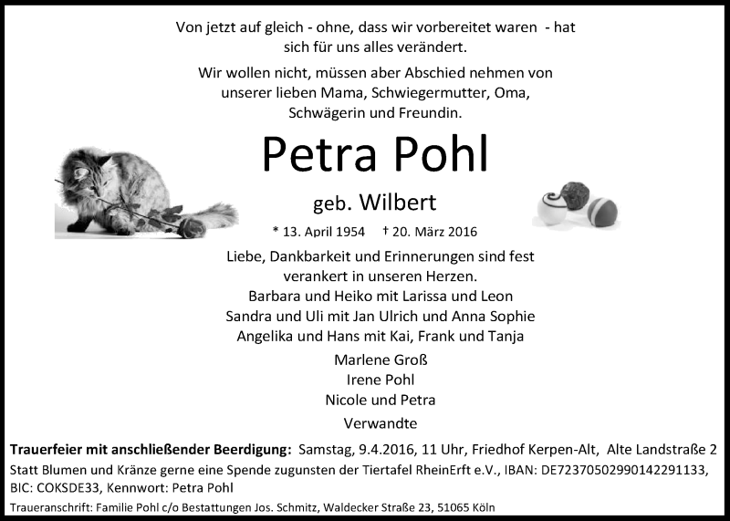  Traueranzeige für Petra Pohl vom 06.04.2016 aus  Werbepost 