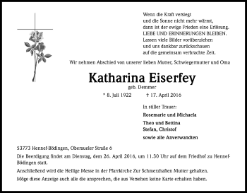 Anzeige von Katharina Eiserfey von Kölner Stadt-Anzeiger / Kölnische Rundschau / Express