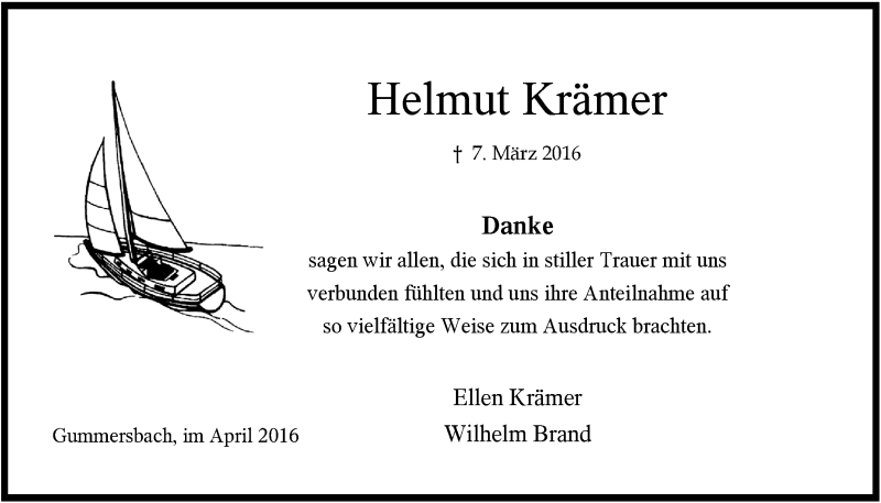  Traueranzeige für Helmut Krämer vom 06.04.2016 aus  Anzeigen Echo 