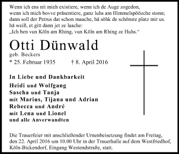 Anzeige von Otti Dünwald von Kölner Stadt-Anzeiger / Kölnische Rundschau / Express