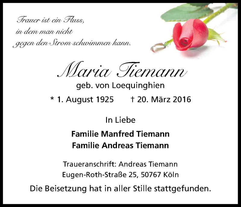 Traueranzeige für Maria Tiemann vom 02.04.2016 aus Kölner Stadt-Anzeiger / Kölnische Rundschau / Express