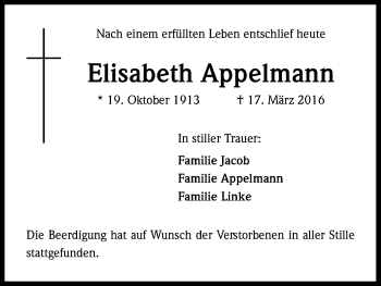 Anzeige von Elisabeth Appelmann von Kölner Stadt-Anzeiger / Kölnische Rundschau / Express