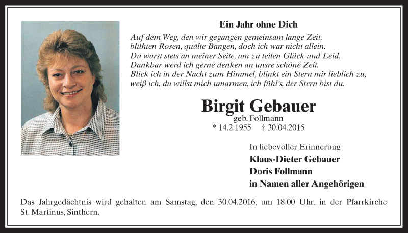  Traueranzeige für Birgit Gebauer vom 27.04.2016 aus  Wochenende 