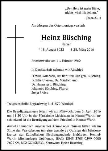 Anzeige von Heinz Büsching von Kölner Stadt-Anzeiger / Kölnische Rundschau / Express