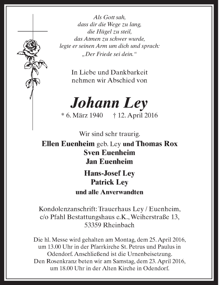  Traueranzeige für Johann Ley vom 20.04.2016 aus  Schaufenster/Blickpunkt 