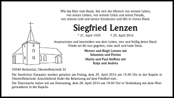 Anzeige von Siegfried Lenzen von Kölner Stadt-Anzeiger / Kölnische Rundschau / Express