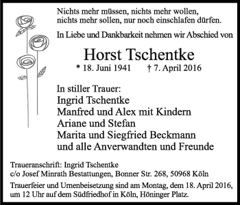 Anzeige von Horst Tschentke von Kölner Stadt-Anzeiger / Kölnische Rundschau / Express