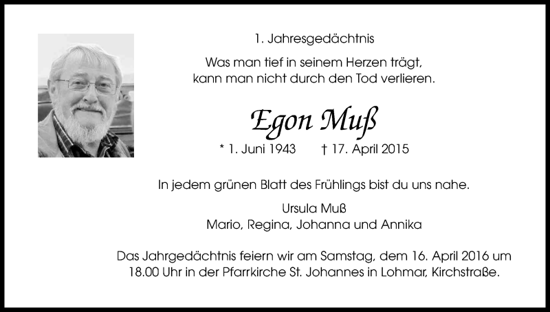  Traueranzeige für Egon Muß vom 09.04.2016 aus Kölner Stadt-Anzeiger / Kölnische Rundschau / Express
