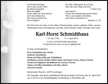 Anzeige von Karl-Horst Schmidthaus von Kölner Stadt-Anzeiger / Kölnische Rundschau / Express