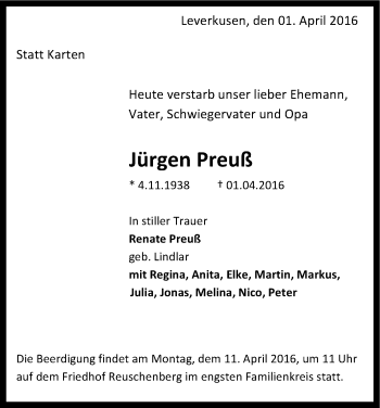 Anzeige von Jürgen Preuß von Kölner Stadt-Anzeiger / Kölnische Rundschau / Express