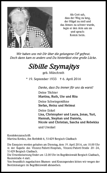 Anzeige von Sibille Szymajtys von Kölner Stadt-Anzeiger / Kölnische Rundschau / Express