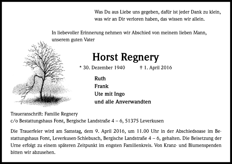  Traueranzeige für Horst Regnery vom 05.04.2016 aus Kölner Stadt-Anzeiger / Kölnische Rundschau / Express