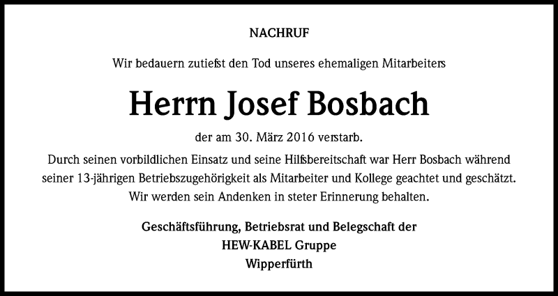  Traueranzeige für Josef Bosbach vom 09.04.2016 aus Kölner Stadt-Anzeiger / Kölnische Rundschau / Express
