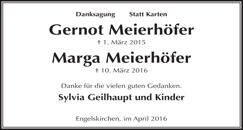  Traueranzeige für Gernot und Marga Meierhöfer vom 13.04.2016 aus  Anzeigen Echo 