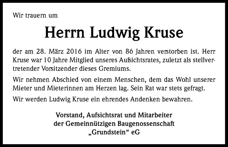  Traueranzeige für Ludwig Kruse vom 02.04.2016 aus Kölner Stadt-Anzeiger / Kölnische Rundschau / Express