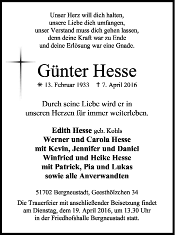 Anzeige von Günter Hesse von Kölner Stadt-Anzeiger / Kölnische Rundschau / Express
