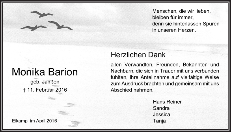  Traueranzeige für Monika Barion vom 06.04.2016 aus  Bergisches Handelsblatt 