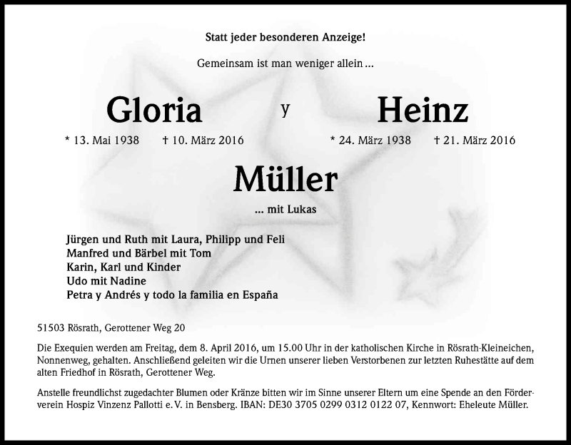  Traueranzeige für Gloria Müller vom 05.04.2016 aus Kölner Stadt-Anzeiger / Kölnische Rundschau / Express
