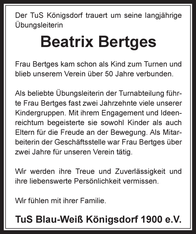  Traueranzeige für Beatrix Bertges vom 13.04.2016 aus  Wochenende 
