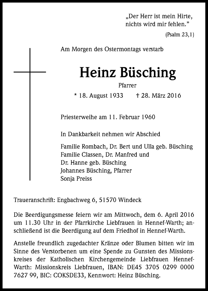 Traueranzeige für Heinz Büsching vom 02.04.2016 aus Kölner Stadt-Anzeiger / Kölnische Rundschau / Express