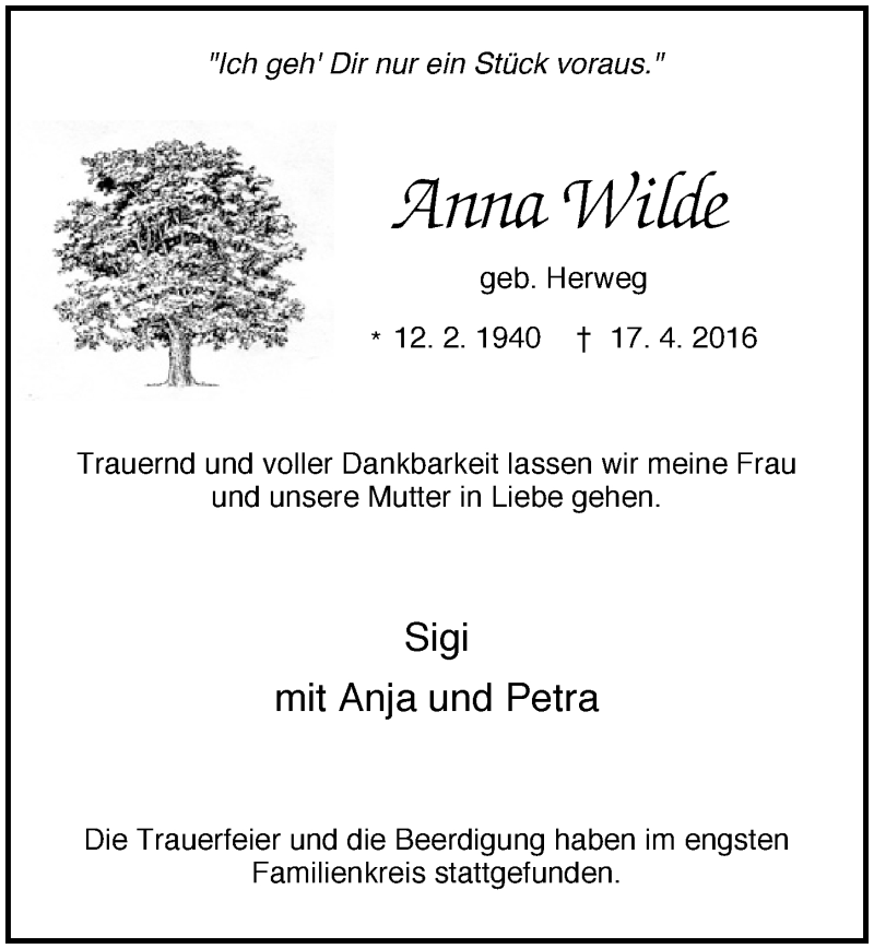  Traueranzeige für Anna Wilde vom 27.04.2016 aus  Kölner Wochenspiegel 