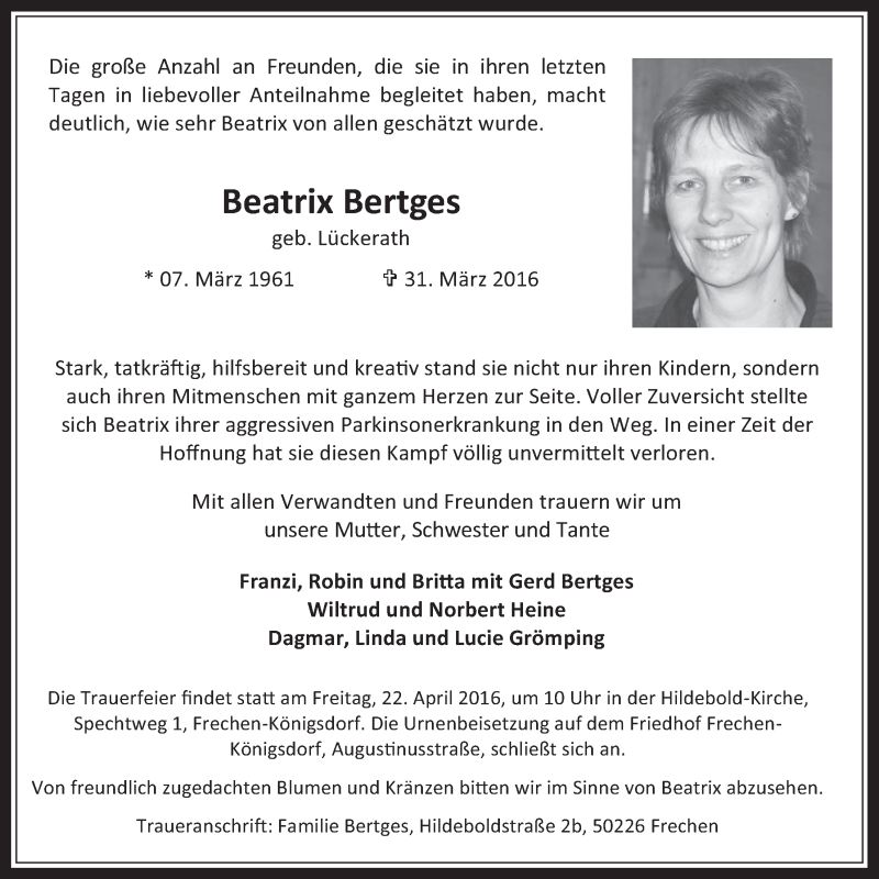  Traueranzeige für Beatrix Bertges vom 13.04.2016 aus  Wochenende 