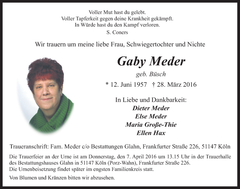  Traueranzeige für Gaby Meder vom 06.04.2016 aus  Kölner Wochenspiegel 