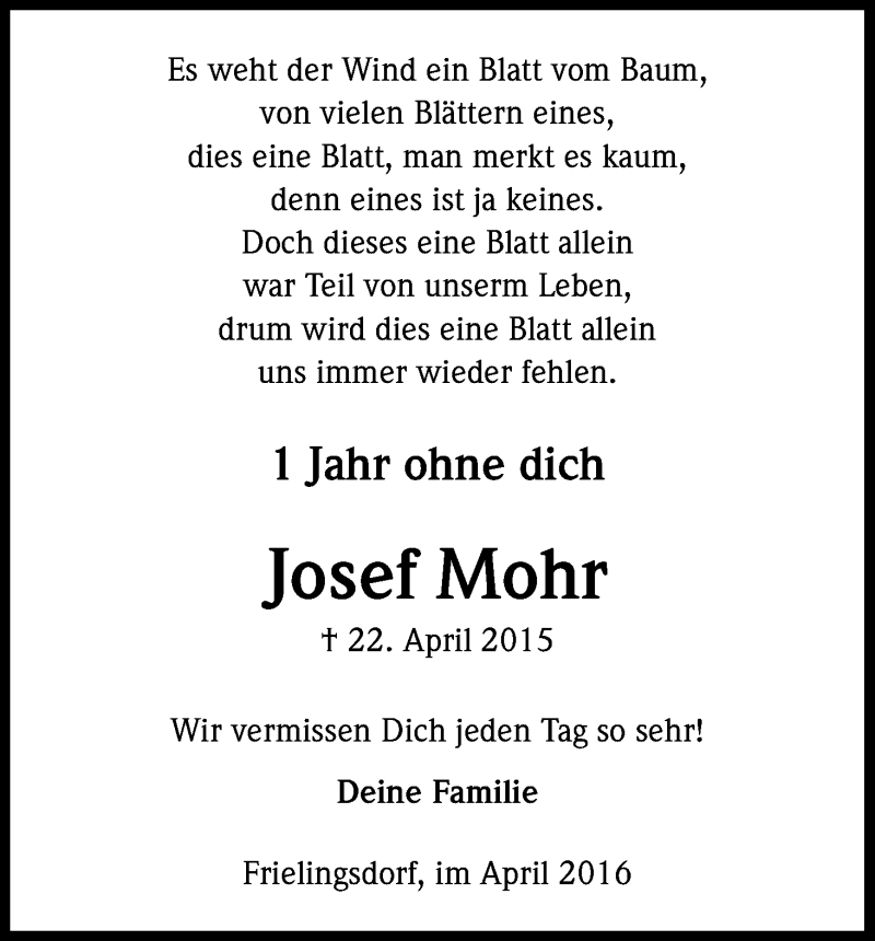  Traueranzeige für Josef Mohr vom 22.04.2016 aus Kölner Stadt-Anzeiger / Kölnische Rundschau / Express