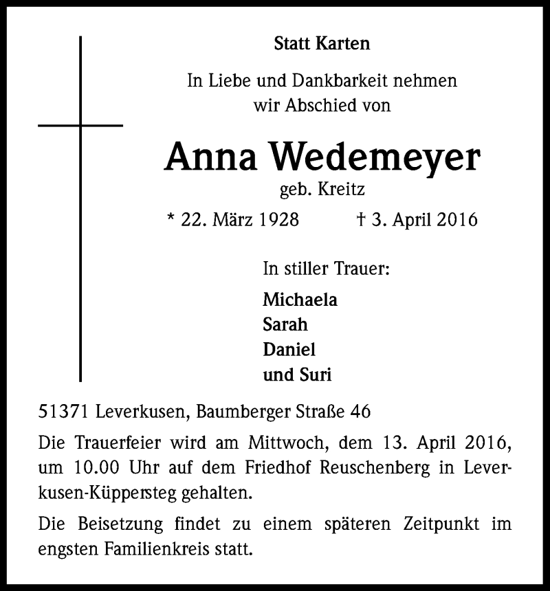  Traueranzeige für Anna Wedemeyer vom 07.04.2016 aus Kölner Stadt-Anzeiger / Kölnische Rundschau / Express