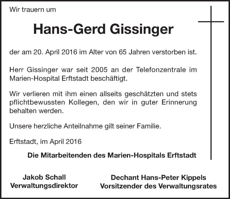  Traueranzeige für Hans-Gerd Gissinger vom 30.04.2016 aus  Blickpunkt Euskirchen 