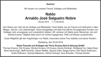 Anzeige von Arnaldo José Salgueiro  Nobre von  Schaufenster/Blickpunkt  Schlossbote/Werbekurier 