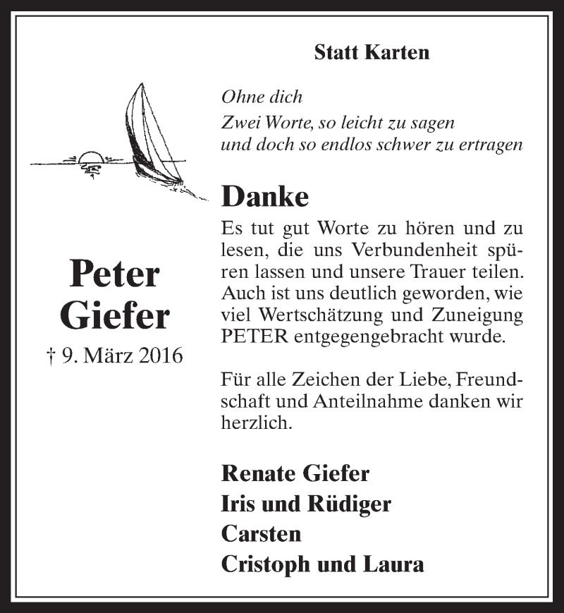  Traueranzeige für Peter Giefer vom 13.04.2016 aus  Werbepost 