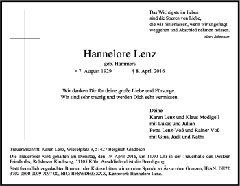 Anzeige von Hannelore Lenz von Kölner Stadt-Anzeiger / Kölnische Rundschau / Express