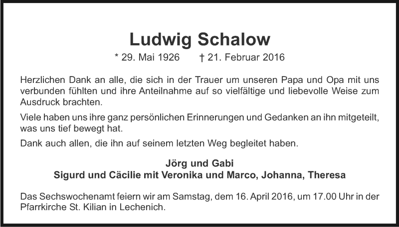  Traueranzeige für Ludwig Schalow vom 09.04.2016 aus Kölner Stadt-Anzeiger / Kölnische Rundschau / Express