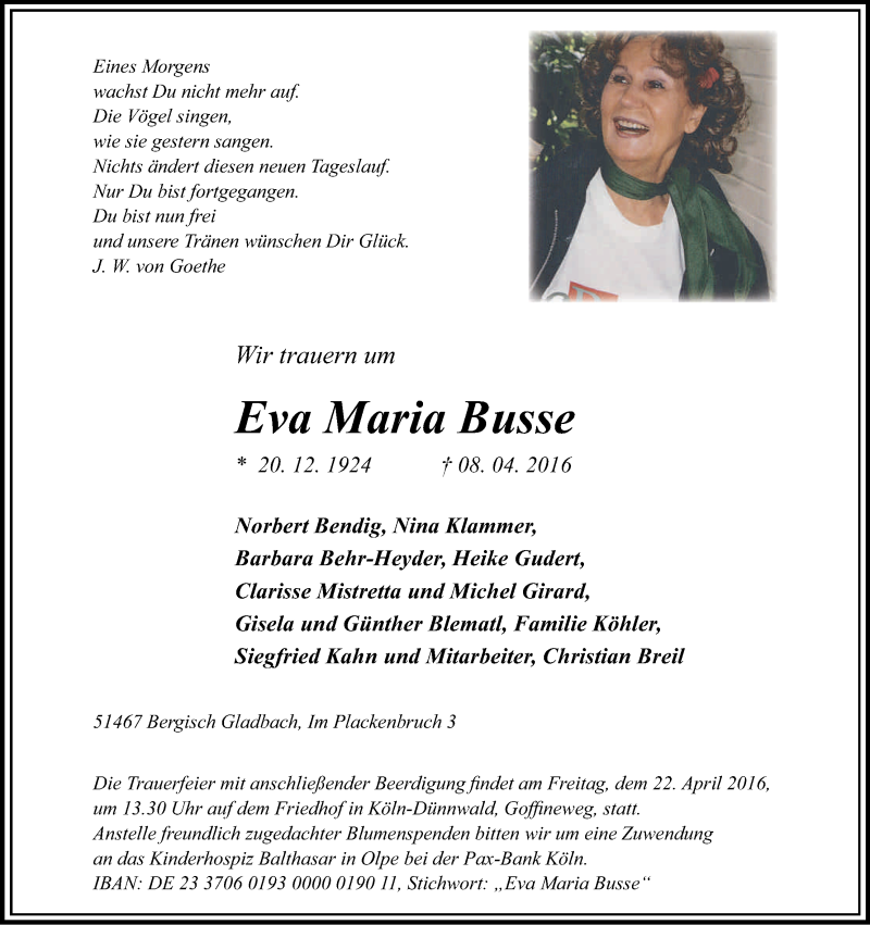  Traueranzeige für Eva Maria Busse vom 16.04.2016 aus Kölner Stadt-Anzeiger / Kölnische Rundschau / Express
