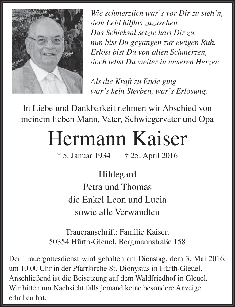  Traueranzeige für Hermann Kaiser vom 30.04.2016 aus  Sonntags-Post 