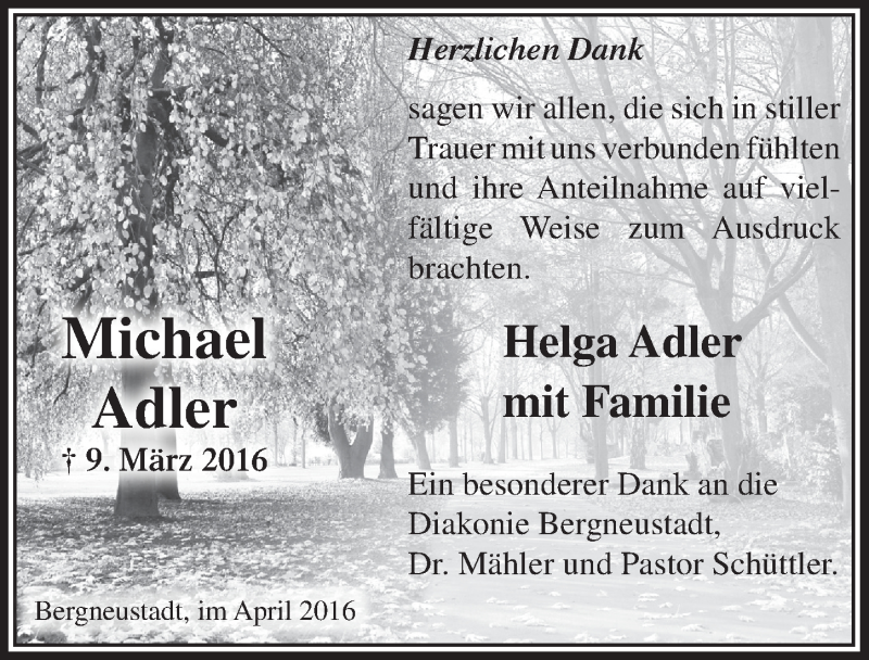  Traueranzeige für Michael Adler vom 20.04.2016 aus  Anzeigen Echo 