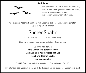 Anzeige von Günter Spahn von Kölner Stadt-Anzeiger / Kölnische Rundschau / Express
