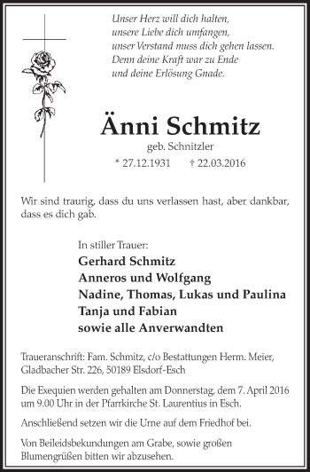 Anzeige von Änni Schmitz von  Sonntags-Post 