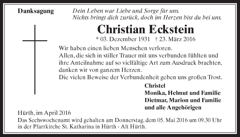  Traueranzeige für Christian Eckstein vom 27.04.2016 aus  Wochenende 