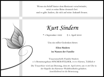 Anzeige von Kurt Sindern von Kölner Stadt-Anzeiger / Kölnische Rundschau / Express