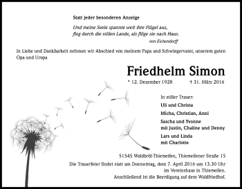 Anzeige von Friedhelm Simon von Kölner Stadt-Anzeiger / Kölnische Rundschau / Express