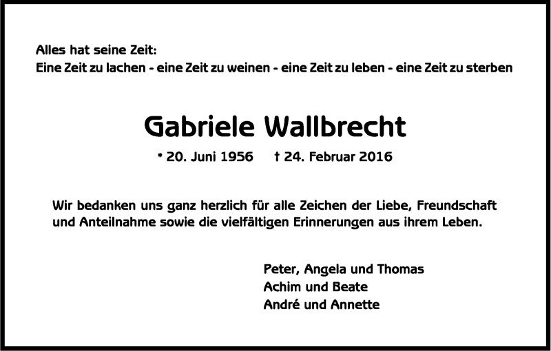  Traueranzeige für Gabriele Wallbrecht vom 09.04.2016 aus Kölner Stadt-Anzeiger / Kölnische Rundschau / Express