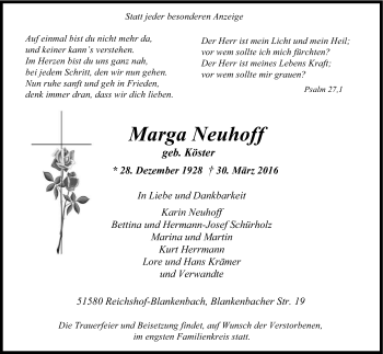 Anzeige von Marga Neuhoff von Kölner Stadt-Anzeiger / Kölnische Rundschau / Express