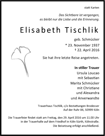 Anzeige von Elisabeth Tischlik von Kölner Stadt-Anzeiger / Kölnische Rundschau / Express